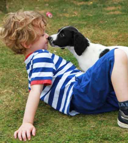 a child is enjoying playing with a dog