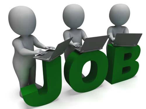 JOBS cutout and people searching freelance writing jobs on laptop