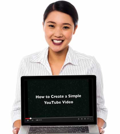 Girl showing how to make simple youtube video on laptop