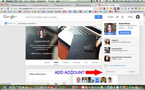 Add account shown on Google plus account page