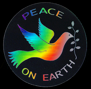 A colorful dove carrying a fig and peace on earth written in background