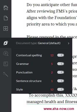 Detailed sidebar of the Grammarly online service workspace