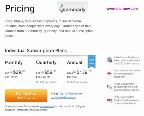 Snapshot of Grammarly pricing page