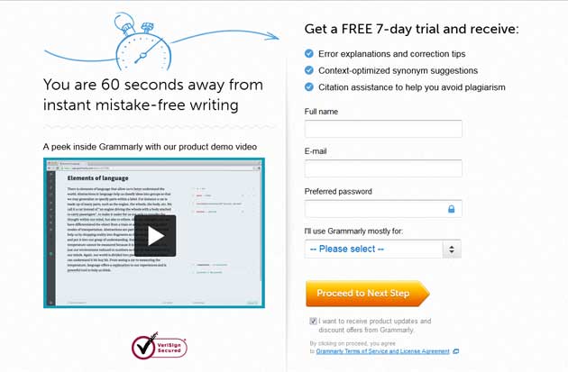 Sign up form for Grammarly free 7-day trial