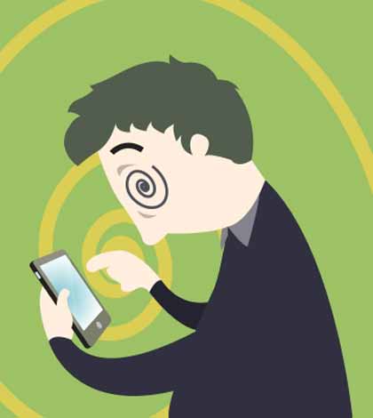 A cartoon showing a man addiction to his smartphone