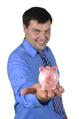 Man offering piggy bank with saved money as help