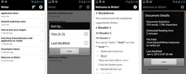Screenshots of Android App for blogging