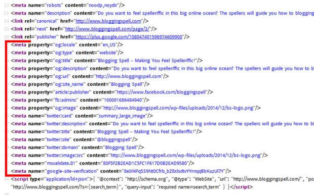 Site source code screenshot of social meta tags