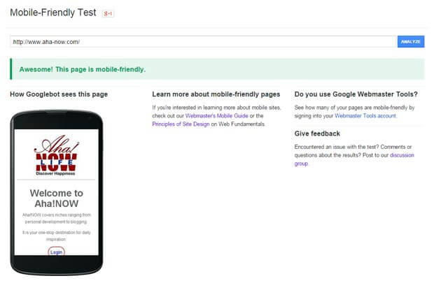 Google mobile-friendly test showing that Aha!NOW blog passes the test