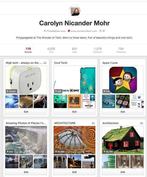 Arrangement of Pinterest boards shown in Carolyn's Pinterest page