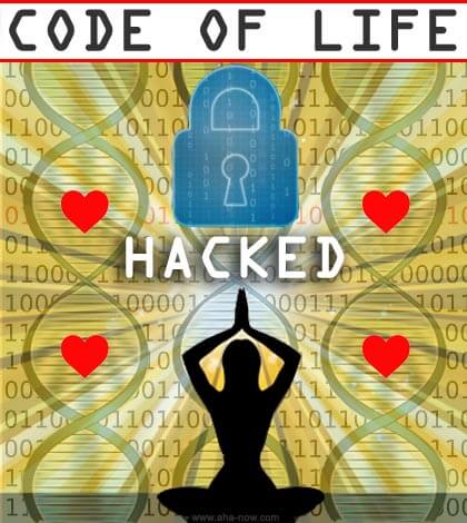 Code of life image showing a person in compassion meditation with a lock symbolizing life hack
