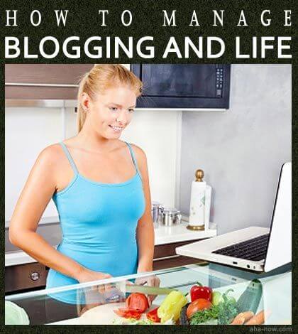 Woman managing blog and life by blogging in the kitchen
