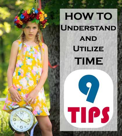 Girls with a clock in hand with quote on tips to utilize time