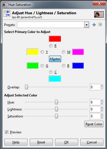 Hue and saturation window of software