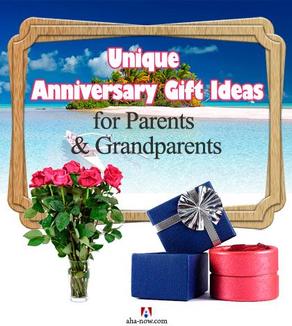 Poster showing anniversary gift ideas for parents and grandparents like flower bouquet, gifts, and getaways