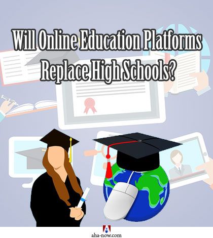 Symbols of traditional and online scholars with the test asking if online education platforms will replace high schools