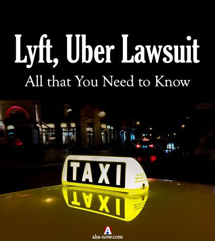 A yellow taxi with glowing neon sign taxi on top at night with caption Lyft and Uber lawsuit