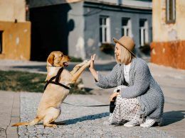 A first time dog owner doing hi 5 with her dog