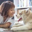 Woman with a therapy dog face to face