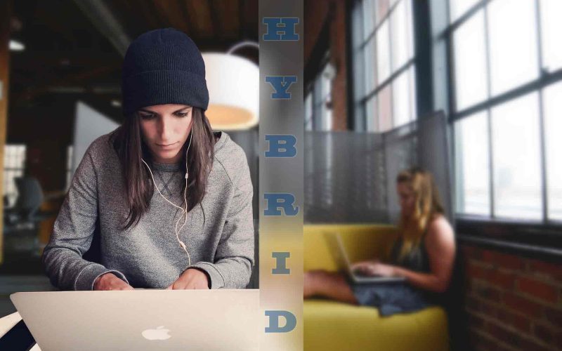 Two pics of an employee working in office and home in hybrid work job